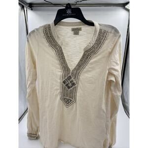Lucky Brand cream & tan knit long sleeve embroidered boho blouse size M